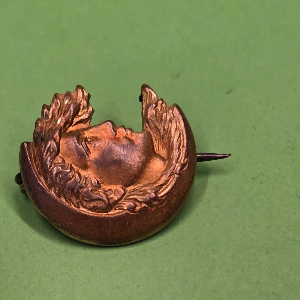 Vintage Crescent Moon Face Brooch Pin 1/2 Inch Unknown Metal Art Nouveau Style